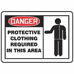Vinyl adhesive signs measuring 3 1/2 in x 5 in, 0.02 in thick, with a Danger: Protective Clothing Required In This Area message. Suitable for marking areas where protective clothing is mandatory in industrial and workplace environments. Not retroreflective or glow-in-the-dark.