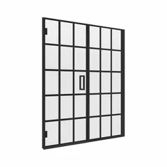Frameless sliding and panel shower door with a Matte Black finish. Overall height of 74 inches, accommodates door widths from 46 1/2 to 48 inches. Suitable for residential walk-in shower enclosures.