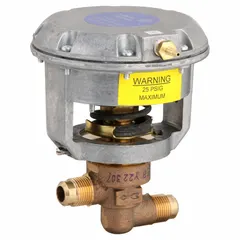 Brass 2-way diaphragm valve with flare x flare connections for water service. Single-acting spring return actuator operates air-to-spring for fail-safe closure. Reinforced synthetic rubber diaphragm. Suitable for on/off or throttling control in industrial piping systems.
