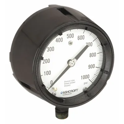 ASHCROFT 4 1/2 in Dial Pressure Gauge, 0-1000 psi, 1/2 in NPT Male Bottom - Brass/Bronze Wetted Parts & Plastic Casing