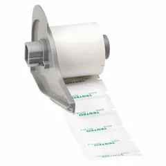 Green/white polyester precut label roll with halogen-free acrylic adhesive. Sizes: 3/4 in x 1 1/2 in and 1 1/2 in x 3/4 in. Compatible with M710 printer series. Used for industrial identification and safety labeling.