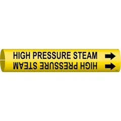 Snap-on pipe marker for identifying high-pressure steam lines. Yellow background with black legend and directional arrows. Fits pipe outer diameters of 4 to 6 inches. Single marker supplied.