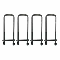 Steel U-bolt kit for mounting truck boxes to truck beds. Includes four 16-inch square bend U-bolts with silver finish and eight 5/8-inch split lock washers to resist loosening from vibration.