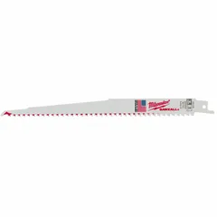 General purpose reciprocating saw blade with 5 teeth per inch for straight cuts in wood, metal, and plastic. Rigid construction ensures straight cutting performance. Blade length 9 in, thickness 0.05 in. Sold in a pack of 25.