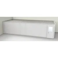This 2-wall unassembled in-plant office measures 32 ft x 12 ft x 8 ft and features steel construction with gray vinyl-covered drywall. It is rated STC 31 for sound isolation. Typical applications include enclosed workspaces within industrial facilities such as supervisory stations, break rooms, or quality-control areas