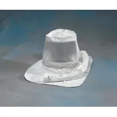 Universal-size SAR system hood with breathing tube, white. Designed for supplied-air respirator systems, providing head and face coverage in industrial environments requiring respiratory protection.