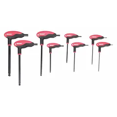 This T-shaped hex key set includes 8 SAE-sized keys with single ball ends and long arms for improved torque and access in confined spaces. The black oxide finish provides corrosion resistance. Keys are organized in a holder for convenient storage and transport.