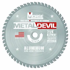 This 7-1/4 in diameter circular saw blade features 56 carbide teeth with a 0.08 in kerf and 5/8 in arbor. Designed for cutting aluminum and soft metals, it is suited for use in metal fabrication, construction, and manufacturing applications on sheet, plate, and extrusions.