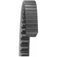 Cogged V-belt with 38° angle and 7/16 in thickness. A belt trade size with polyester reinforcing cord. Designed for power transmission in engines, compressors, and industrial machinery where flexibility and reduced heat buildup are required.