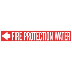 Red adhesive pipe marker with white legend 'Fire Protection Water' for 1-1/2 to 2 in pipe O.D. Includes flow-direction arrows. Each roll contains 25 markers. Used to identify water lines in fire protection systems.