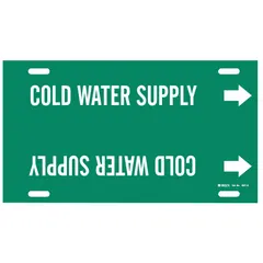 Green pipe marker with white legend reading 'Cold Water Supply' and directional arrows. Fits pipe outer diameters from 8 to 9-7/8 inches. Used to identify cold water supply lines in piping systems.