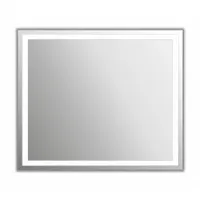 Rectangular lighted vanity mirror made of glass with beveled edge. Front illumination provides task lighting for grooming and daily routines. Dimensions: 42 in width, 36 in height, 1 1/2 in depth