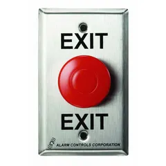 The ALARM CONTROLS EB-1 is a push-to-exit button used in access control systems to release a door lock from inside. Constructed of red and silver plastic, it measures 2 3/4 in wide by 2 1/4 in deep. The red actuator provides clear visibility for safe egress in commercial, industrial, and institutional facilities.