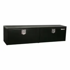 Single drop-down door box for underbody truck storage. Black finish with keyed lock. Overall depth 24 in. Provides secure, weather-resistant storage for tools and equipment.