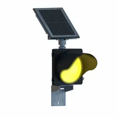 Solar-powered amber LED flashing sign beacon with 60 flashes per minute. Includes solar cabinet. Black polycarbonate housing. Used for traffic control and warning applications such as marking hazards, school zones, or construction sites.