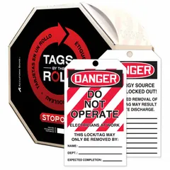 Polyolefin tag on a roll printed with 'Danger, Do Not Operate' in English. Includes fields for adding notes, date, and signature. Used for lockout/tagout procedures to prevent accidental equipment operation during maintenance or repair.