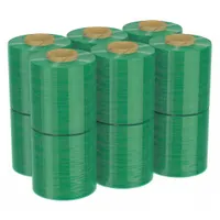 Manual stretch wrap with integrated handle and brake for controlled application. Each roll is 5 inches wide by 1,000 feet long, 80 gauge, light green. Suitable for bundling and securing pallet loads or irregular items during storage and shipping. Sold as a 12-pack