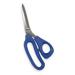 These offset plastic-handle scissors are designed for cutting plastics. They feature straight, pointed stainless steel blades with an 8-inch overall length and a blue handle finish. The right-hand orientation and offset handle reduce hand fatigue during repetitive cutting tasks. Suitable for trimming, shaping, and cutting plastic sheets or films in workshops and light industrial settings.