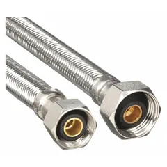 This faucet connector is a bulk hose with a PVC tube and stainless steel cover, rated for 250 psi. It has a 5/16 in inside diameter and 20 in length, meeting IAPMO standards. Used to connect water supply lines to faucets in plumbing systems.