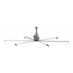 Industrial HVLS ceiling fan with 12 ft blade diameter, delivering 57,521 cfm. Operates on single-phase 110/230V AC, draws 11.7 A, and features variable speed control. Finished in gray, no light kit. Suitable for large commercial and industrial spaces such as warehouses, distribution centers, and manufacturing plants.