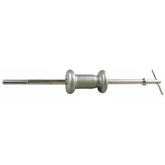 This slide hammer unit features a 5.5 lb sliding weight and a 16/25 in rod diameter, with an overall length of 24 in. The hammer has a 5 3/8 in length and 3 1/4 in diameter. It is used for pulling and removal tasks such as extracting bearings, gears, or bushings in automotive and industrial maintenance.