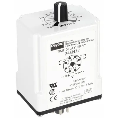 Dayton Single Function Time Delay Relay: Socket Mounted, 24V AC/DC, 10 A, 8 Pins/Terminals - Socket-Mounted Relays