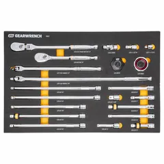 This ratchet and breaker bar set includes a reversible pear-shaped head ratchet with a 4° minimum arc swing, enabling use in confined spaces where standard tools cannot fit. Suitable for tightening and loosening fasteners in automotive, machinery, and industrial applications.