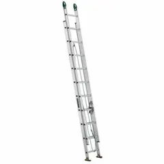 This 20 ft aluminum extension ladder has a fixed fly and a 225 lb load capacity. It weighs 32 lb and includes a rope and pulley for operation. Suitable for reaching elevated work areas in maintenance, construction, and facility management.