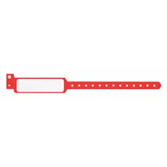 Red plastic security wristband for access control and identification. Blank surface allows custom marking. Overall length 11 1/2 in, width 1 3/8 in. Pack of 500.