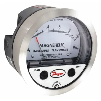 Dwyer Indicating Transmitter: Dial, 0 in wc to 20 in wc, Terminal Block, 5 in Dia - Differential Pressure Transmitters with Dial Display