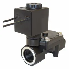 This 2-way/2-position normally closed solenoid valve is designed for remote pilot operation. It features a 3/8 in pipe size and 12V DC voltage, with a water-resistant coil enclosure. Suitable for fluid control in industrial systems requiring remote pilot actuation.