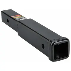 This hitch receiver extension provides additional clearance for tailgates, spare tires, or accessories when the standard hitch length is insufficient. With an overall length of 12 inches and a 2 1/4-inch square receiver opening, it is suited for fleet and vehicle maintenance applications requiring extended reach.
