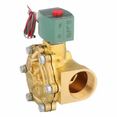 This 2-way, 2-position normally closed solenoid valve is designed for on/off control of liquids and gases. It features a 1-1/2 in pipe size, operates on 12V DC, and includes a watertight coil enclosure suitable for outdoor or washdown environments. The valve is configured for high-flow applications.