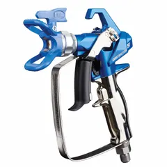 Airless spray gun with plastic body and 1/4 in NPSM air inlet. Designed for applying coatings, enamels, lacquers, and stains. Includes RAC X 517 SwitchTip. Suitable for industrial finishing and painting tasks requiring a consistent spray pattern.