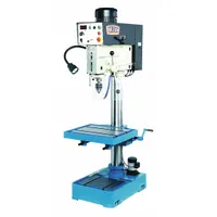 This floor stand drill press features a 2 hp, 7 A, single-phase motor for 220V/230V AC operation. It offers variable-speed belt drive with two ranges: 85 to 540 RPM and 540 to 4,000 RPM, a 10-7/16 in swing, and 5 in to 6 in spindle travel. Includes tapping capability. Suitable for drilling, tapping, and reaming in metalworking and fabrication applications