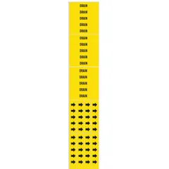 Yellow adhesive pipe marker with black legend reading 'Drain'. Designed for pipes with outer diameter of 3/4 inch and smaller. Pack of 3 markers without directional arrows. Used to identify drain lines in piping systems.