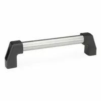 This load-rated straight-leg tubular pull handle features a rear-mount design with 11.81 in mounting hole center-to-center spacing. It has a silver finish, M10 screw size, and black polyamide leg style. Suitable for use on industrial cabinet doors, machine enclosures, and control panels requiring a robust grip
