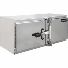 Double barn-door box with padlockable pull-handle latches. Silver finish. 18-inch overall depth. Suitable for secure storage of tools and equipment in fleet vehicles and maintenance trucks.