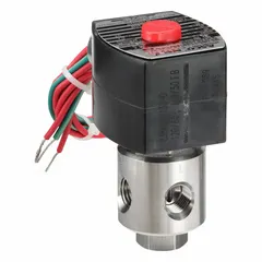 This REDHAT solenoid valve is a 3-way/2-position configurable type with a 1/4 in pipe size and 120V AC voltage. It features a watertight coil enclosure for moisture protection. Suitable for controlling air, water, or light oil in industrial automation, HVAC, and process control systems.