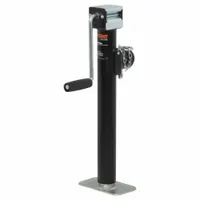 This CURT trailer jack is a weld-on, sidewind model with a foot plate base. It has a static load capacity of 5,000 lb and a maximum lift height of 31-1/4 in. Designed for pipe-mount applications, it is used to lift and support trailer tongues for coupling, uncoupling, or leveling