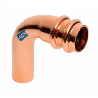This 90° press elbow fitting is used to join copper or bronze refrigeration tubing. It has a 3/4 in CTS x 3/4 in CTS x 3/4 in CTS size with no center stop. The fitting is designed for press-connect installation, providing a leak-resistant joint without soldering