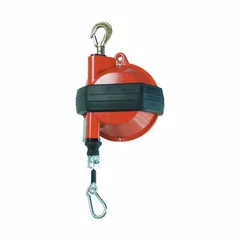 This tool balancer suspends and counterbalances handheld tools to reduce operator fatigue. It features an aluminum body, a 6.5 ft cable, and a swivel hook. Suitable for use in assembly, maintenance, and manufacturing environments.
