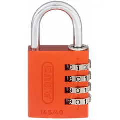 TSA approved combination padlock with aluminum body and steel shackle in orange finish. Silver dial. Suitable for securing luggage and travel bags during air travel, allowing TSA agents to open with master key.