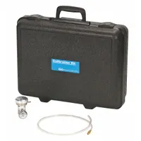This testing kit for portable gas detectors includes a fitting and tube assembly with a maximum flow rate of 0.25 lpm. The kit does not include calibration gas, allowing selection of the appropriate gas mixture for specific detector requirements. Used for routine testing and calibration of portable gas detection instruments