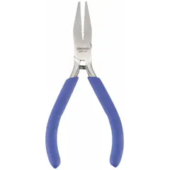 Flat-nose pliers with smooth jaws for precision gripping, bending, and forming wire or small components. Overall length 4 5/8 in, jaw length 1 1/8 in, max jaw opening 7/8 in. Suitable for electronics assembly and repair tasks.