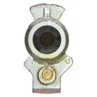 Cast-iron gladhand with straight configuration and 1/2"-14 female pipe thread. Zinc-plated finish provides corrosion resistance. Used for connecting air brake lines in heavy-duty truck pneumatic systems. Does not include shut-off