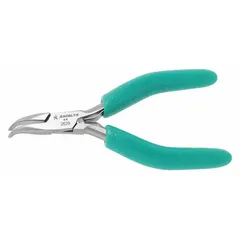 Bent needle-nose pliers with smooth jaws for precision gripping and bending in confined spaces. Jaw length 3/4 in, max opening 1/2 in, overall length 4 3/4 in. Suitable for electronics assembly and other tasks requiring access to tight areas.