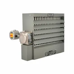 This hazardous-location suspended electric unit heater is designed for wall or ceiling mounting in areas requiring safe operation. It delivers 30 kW heating output with 4,900 cfm air flow, operates on 480V AC, 3-phase power, and has a gray housing.