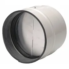 Galvanized steel round backdraft damper for 8-inch nominal duct diameter. Butterfly blade type designed for vertical airflow direction. Height 5 1/8 inches. Used in ventilation systems to prevent reverse airflow.
