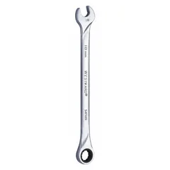 This metric 12-point ratcheting combination wrench features an 18 mm head size and a chrome finish. Made from alloy steel, it has an overall length of 11 3/8 inches. Suitable for general fastening tasks such as tightening or loosening bolts and nuts in automotive repair, machinery maintenance, and industrial assembly.